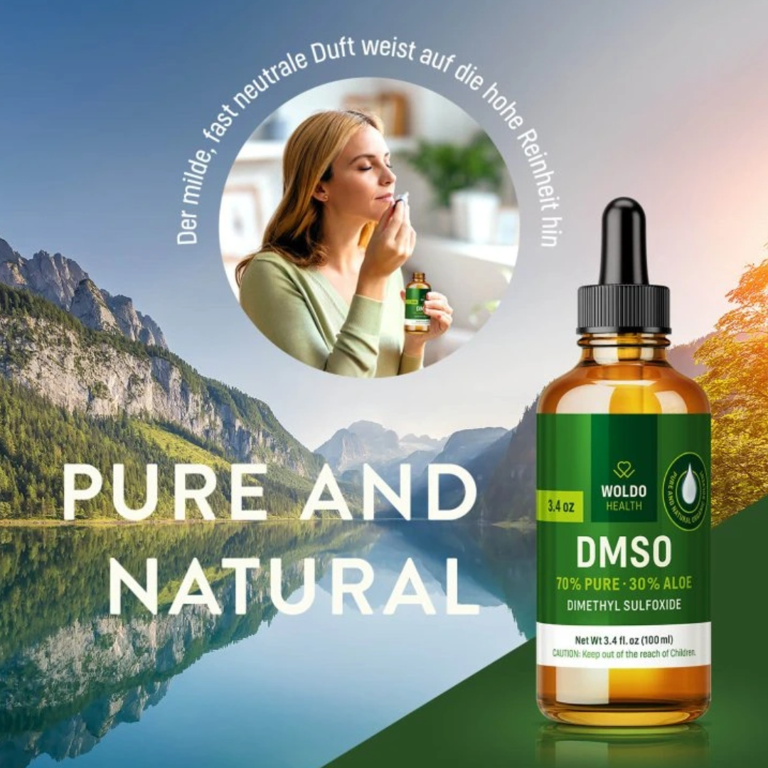 WoldoHealth DMSO 70% pure + 30% aloe dropper bottle with “70% purity” banner and organic solvent badge on mountain lake background.